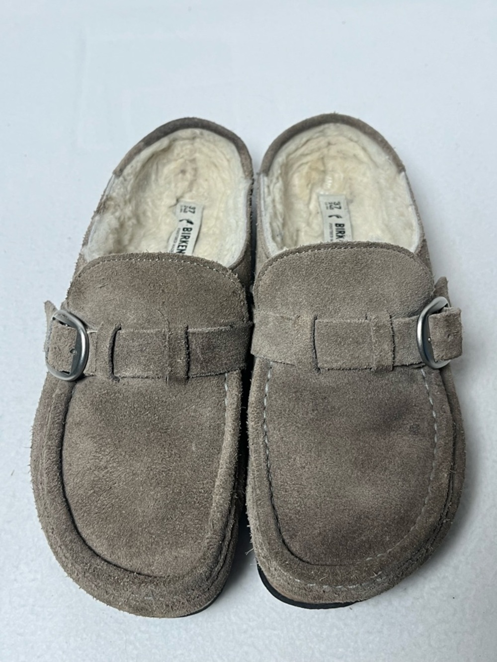 Birkenstock Buckley Sz 37 Stone Shearling Suede Leather Mule Clog Shoe Slip On
